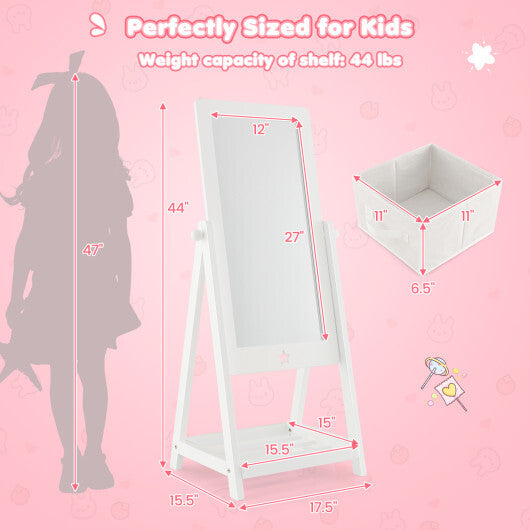 Kids Full Length Mirror 360 Degree Rotatable Dressing Mirror with Storage Bin-White