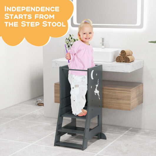 Toddler Kitchen Stool Helper Baby Standing Tower with Chalkboard and Whiteboard-Gray