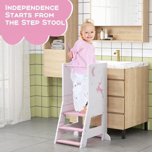 Toddler Kitchen Stool Helper Baby Standing Tower with Chalkboard and Whiteboard-Gray