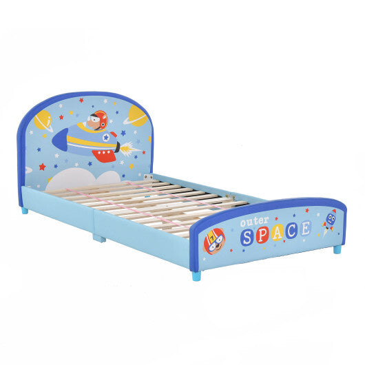 Wood Upholstered Twin Bed Platform with Slat Support-Blue