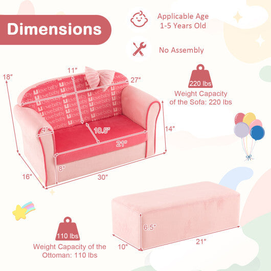 Ultra Soft Velvet Kids Sofa Chair Toddler Couch with Ottoman-Pink W2B