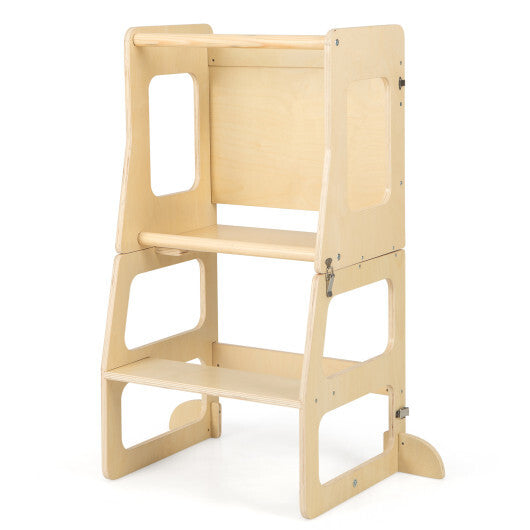 3-in-1 Foldable Kitchen Standing Tower for Toddlers with Chalkboard-Natural W2B