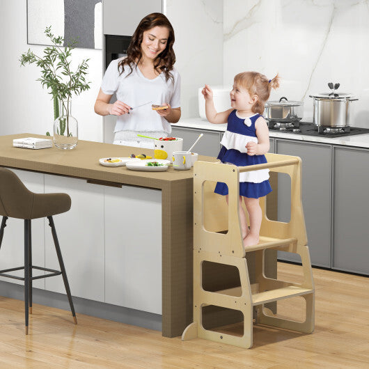 3-in-1 Foldable Kitchen Standing Tower for Toddlers with Chalkboard-Natural W2B