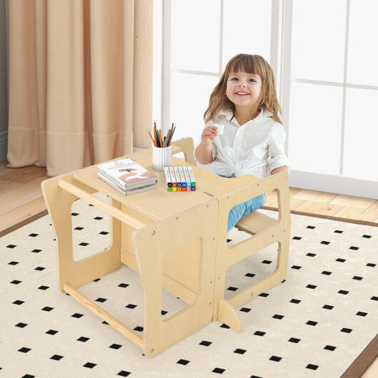 3-in-1 Foldable Kitchen Standing Tower for Toddlers with Chalkboard-Natural W2B