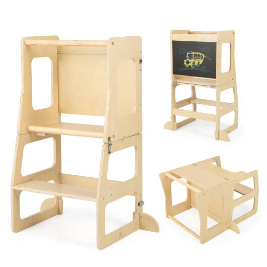 3-in-1 Foldable Kitchen Standing Tower for Toddlers with Chalkboard-Natural W2B