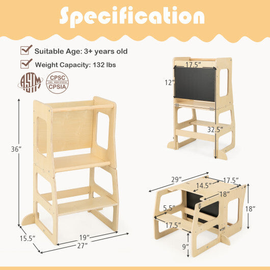 3-in-1 Foldable Kitchen Standing Tower for Toddlers with Chalkboard-Natural W2B