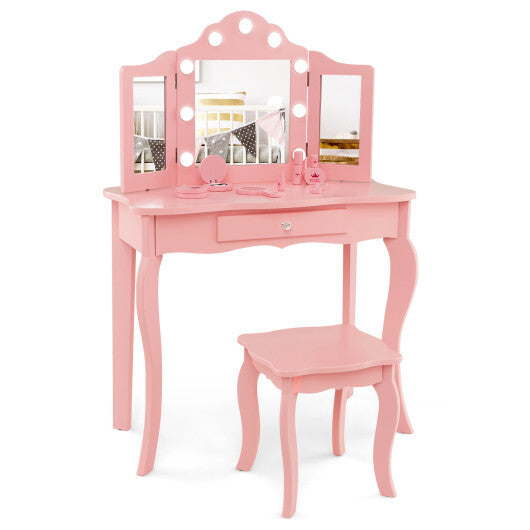 Kid Vanity Table Stool Set with Tri-Folding Mirror and 3-Color LED Lights-Pink W2B