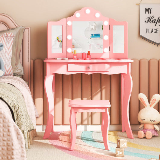 Kid Vanity Table Stool Set with Tri-Folding Mirror and 3-Color LED Lights-Pink W2B