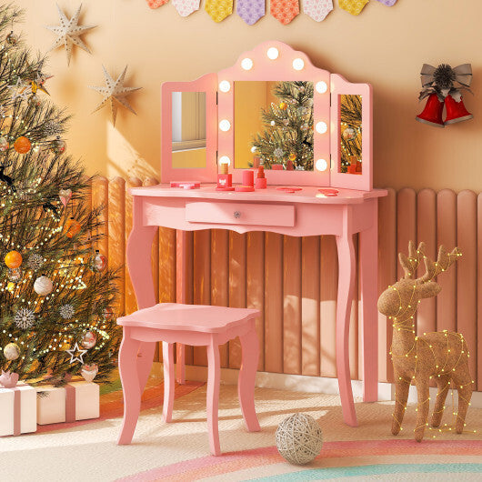 Kid Vanity Table Stool Set with Tri-Folding Mirror and 3-Color LED Lights-Pink W2B