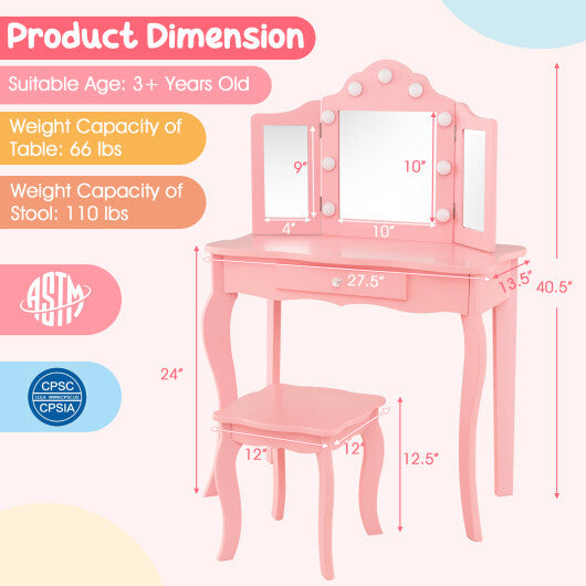 Kid Vanity Table Stool Set with Tri-Folding Mirror and 3-Color LED Lights-Pink W2B