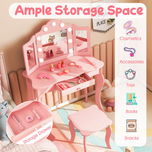 Kid Vanity Table Stool Set with Tri-Folding Mirror and 3-Color LED Lights-Pink W2B