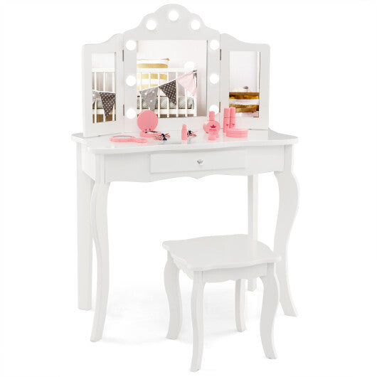Kid Vanity Table Stool Set with Tri-Folding Mirror and 3-Color LED Lights-Pink W2B