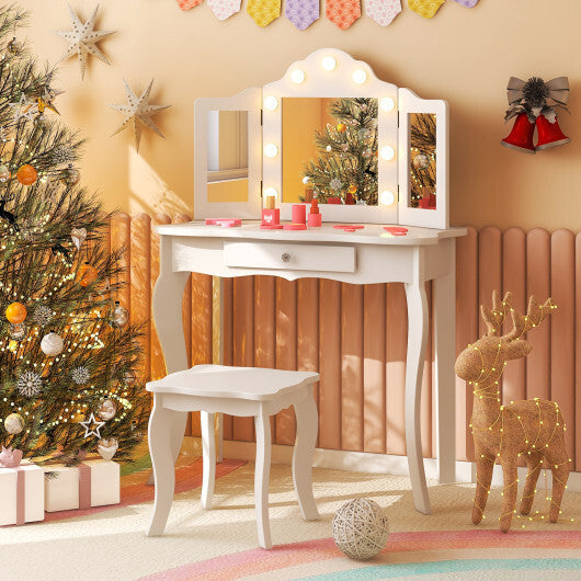 Kid Vanity Table Stool Set with Tri-Folding Mirror and 3-Color LED Lights-Pink W2B