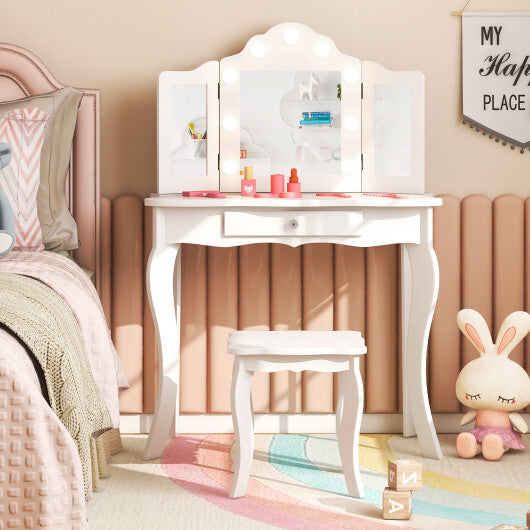 Kid Vanity Table Stool Set with Tri-Folding Mirror and 3-Color LED Lights-Pink W2B