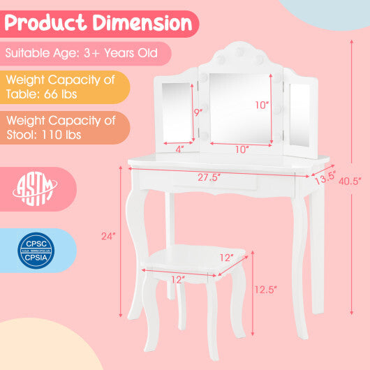Kid Vanity Table Stool Set with Tri-Folding Mirror and 3-Color LED Lights-Pink W2B