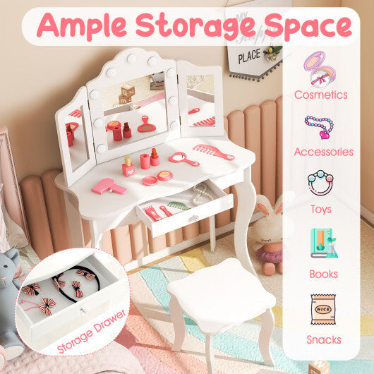 Kid Vanity Table Stool Set with Tri-Folding Mirror and 3-Color LED Lights-Pink W2B