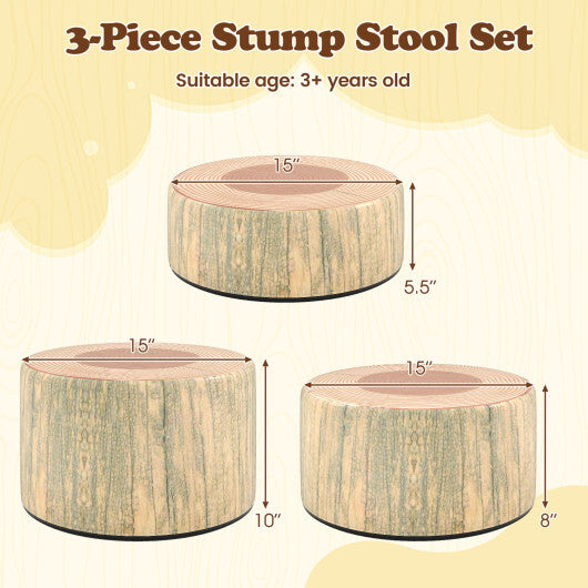 3-Piece Tree Stump Stool Set with Wood Printing Nature Decoration-Dark Walnut
