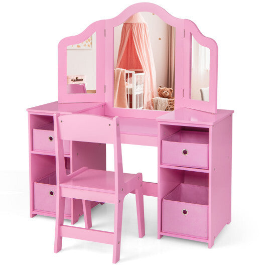 Kids Vanity Table and Chair Set with Removable Mirrors and 4 Storage Bins-Pink W2B