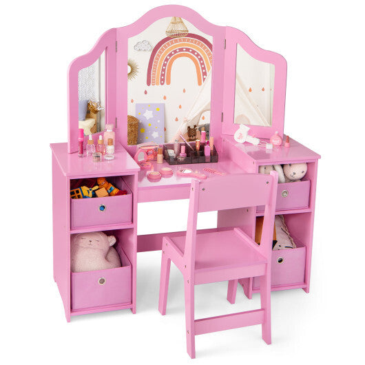 Kids Vanity Table and Chair Set with Removable Mirrors and 4 Storage Bins-Pink W2B