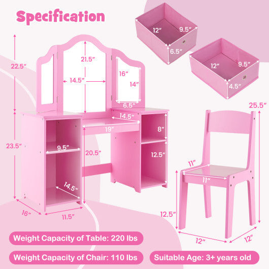 Kids Vanity Table and Chair Set with Removable Mirrors and 4 Storage Bins-Pink W2B