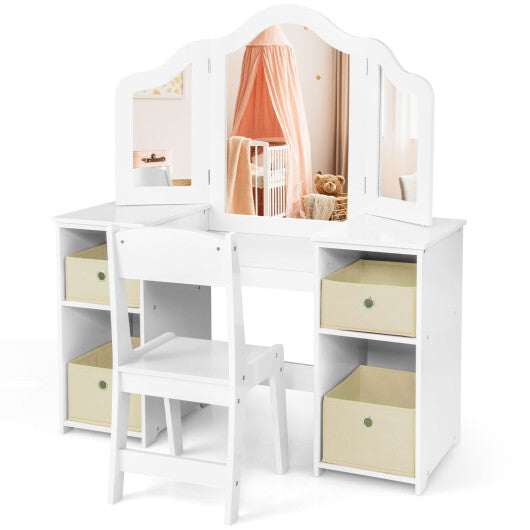 Kids Vanity Table and Chair Set with Removable Mirrors and 4 Storage Bins-Pink W2B