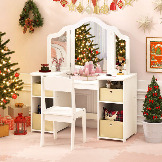 Kids Vanity Table and Chair Set with Removable Mirrors and 4 Storage Bins-Pink W2B