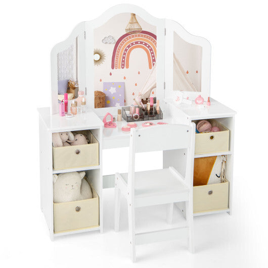 Kids Vanity Table and Chair Set with Removable Mirrors and 4 Storage Bins-Pink W2B