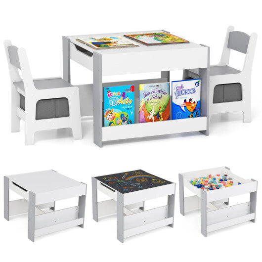 4 in 1 Kids Toddler Activity Table and Chairs Set with Reversible Tabletop-Grey