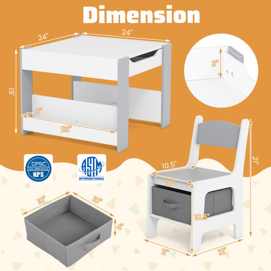 4 in 1 Kids Toddler Activity Table and Chairs Set with Reversible Tabletop-Grey