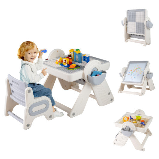 6-in-1 Multi-activity Children Table and Chair Set Folding Art Easel Set-Gray and White