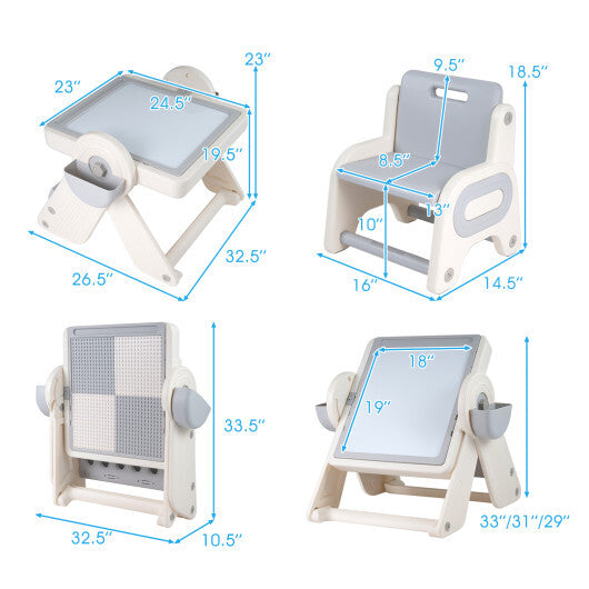 6-in-1 Multi-activity Children Table and Chair Set Folding Art Easel Set-Gray and White