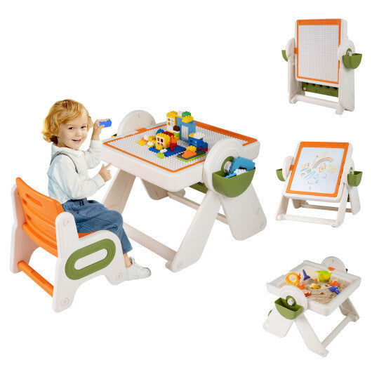 6-in-1 Multi-activity Children Table and Chair Set Folding Art Easel Set-Gray and White