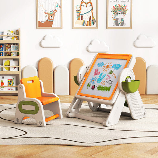 6-in-1 Multi-activity Children Table and Chair Set Folding Art Easel Set-Gray and White