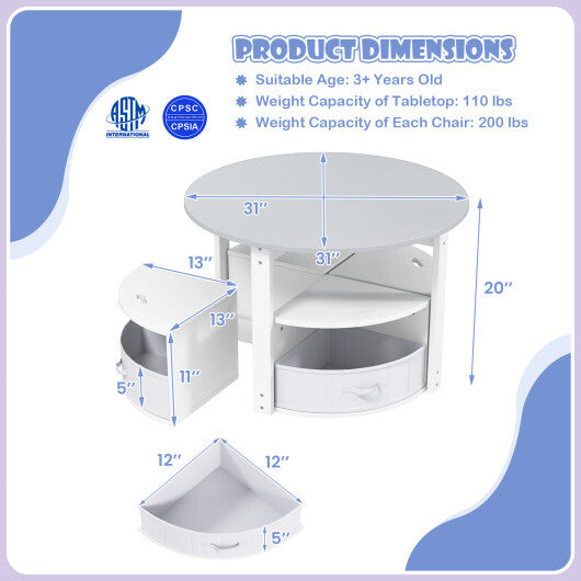 5 Piece Toddler Round Nesting Table with 4 Storage Stools for Activity-Grey