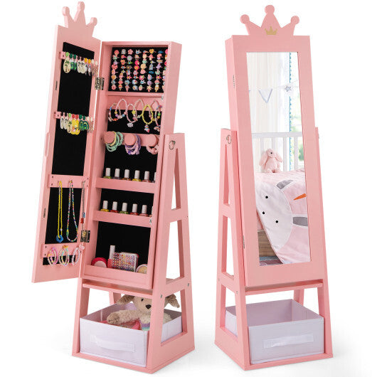 Free-Standing Full Length Kids Jewelry Armoire Cabinet with Storage Capacity-Pink