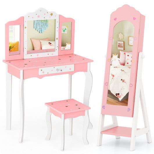 2 Pieces Kids Vanity Set and Jewelry Armoire Cabinet with Full-length Mirror-Pink W2B