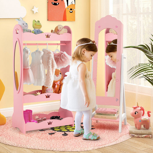 2 Pieces Kids Vanity Set and Jewelry Armoire Cabinet with Full-length Mirror-Pink W2B