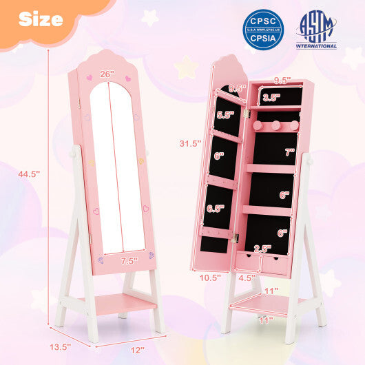 2 Pieces Kids Vanity Set and Jewelry Armoire Cabinet with Full-length Mirror-Pink W2B