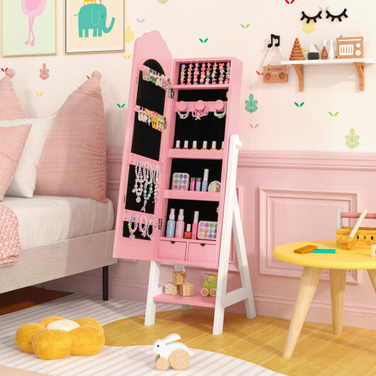 2 Pieces Kids Vanity Set and Jewelry Armoire Cabinet with Full-length Mirror-Pink W2B