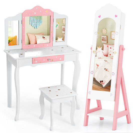 2 Pieces Kids Vanity Set and Jewelry Armoire Cabinet with Full-length Mirror-Pink W2B