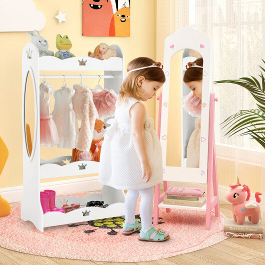 2 Pieces Kids Vanity Set and Jewelry Armoire Cabinet with Full-length Mirror-Pink W2B