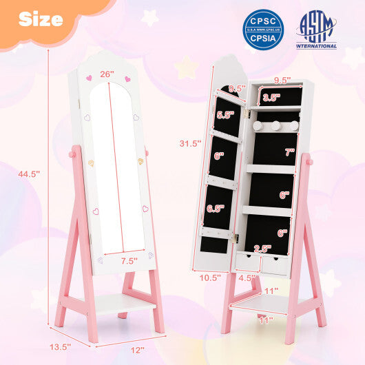 2 Pieces Kids Vanity Set and Jewelry Armoire Cabinet with Full-length Mirror-Pink W2B