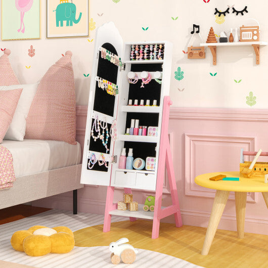2 Pieces Kids Vanity Set and Jewelry Armoire Cabinet with Full-length Mirror-Pink W2B