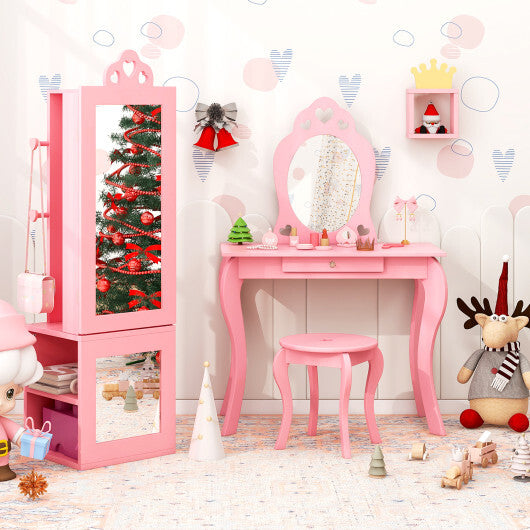 Princess Vanity Table and Stool Set Freestanding Jewelry Cabinet Armoire with Full-Length Mirror-White