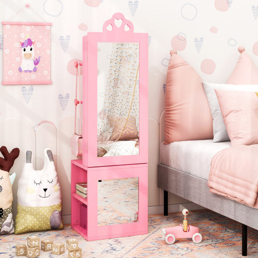 Princess Vanity Table and Stool Set Freestanding Jewelry Cabinet Armoire with Full-Length Mirror-White