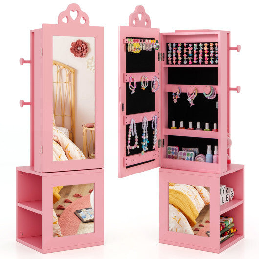 3-in-1 Freestanding Kids Jewelry Cabinet Armoire with Full Length Mirror-Pink - Color: Pink W2B