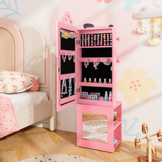 3-in-1 Freestanding Kids Jewelry Cabinet Armoire with Full Length Mirror-Pink - Color: Pink W2B