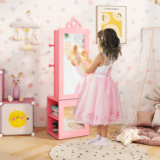 3-in-1 Freestanding Kids Jewelry Cabinet Armoire with Full Length Mirror-Pink - Color: Pink W2B