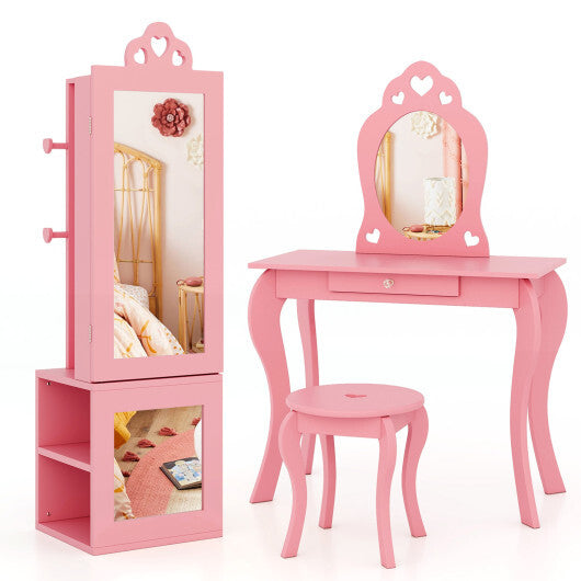 3-in-1 Freestanding Kids Jewelry Cabinet Armoire with Full Length Mirror-Pink - Color: Pink W2B