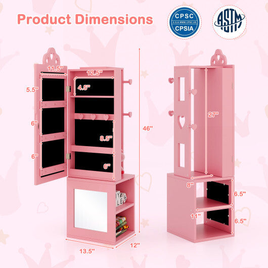 3-in-1 Freestanding Kids Jewelry Cabinet Armoire with Full Length Mirror-Pink - Color: Pink W2B